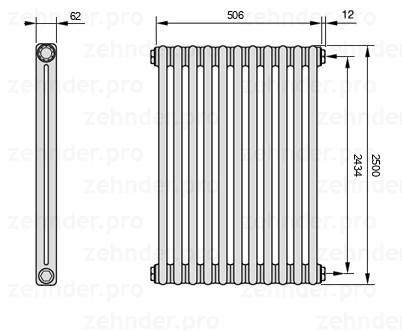 Схема (чертеж) Радиатор Zehnder Charleston 2250/11 №7610 Белый глянцевый RAL 9016